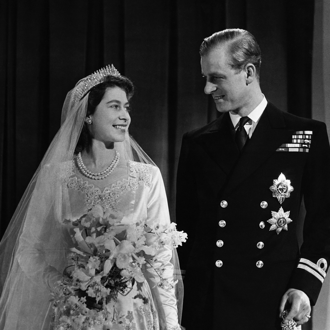 Queen Elizabeth and Prince Philip smiling on their wedding day