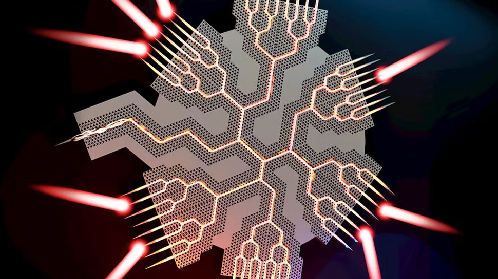 An experimental chip represented in this illustration spreads ultrafast terahertz beams in all directions around it