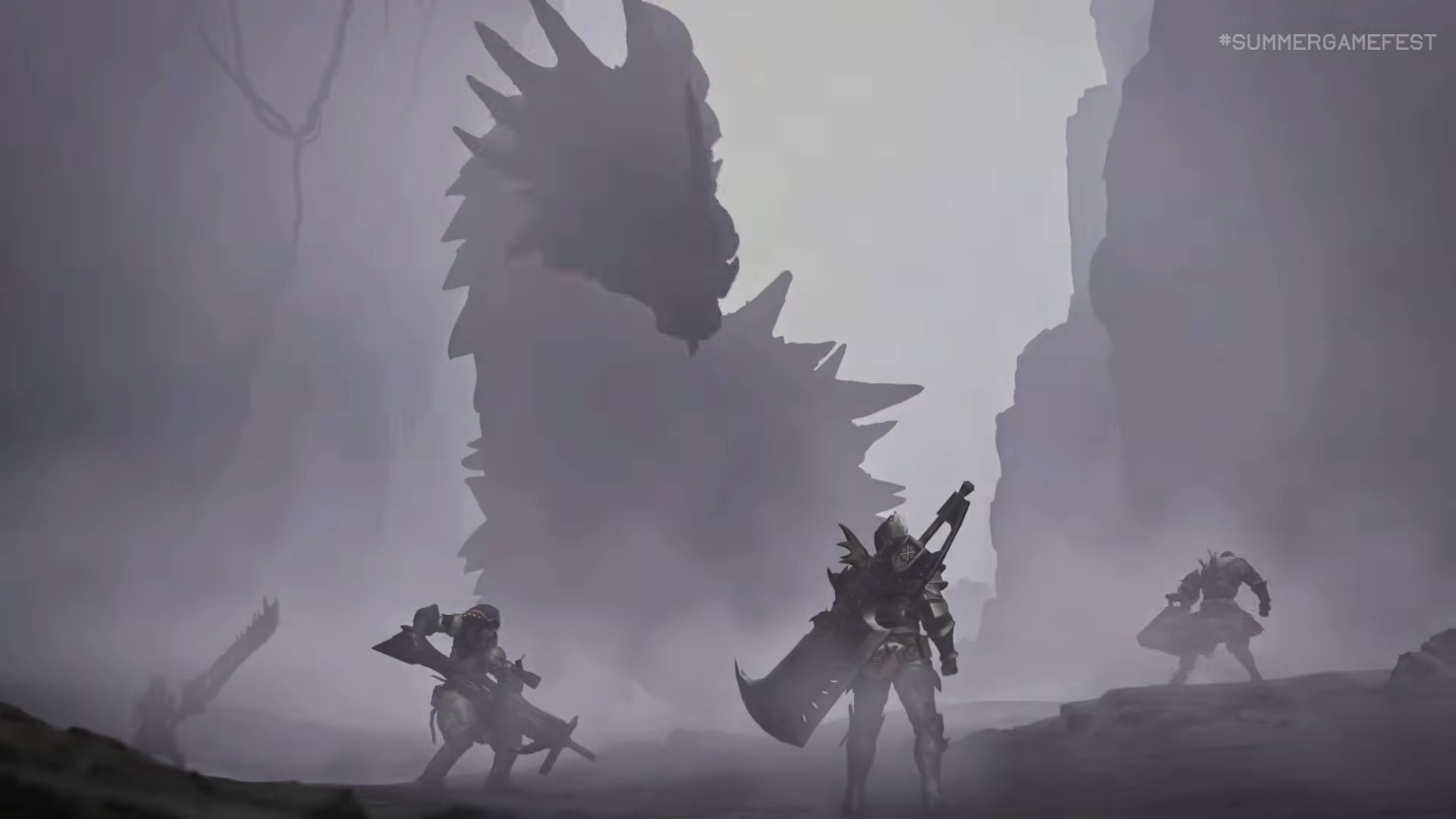 Three armored warriors stand ready with weapons drawn, facing a massive, shadowy dragon in a misty landscape, conveying tension and epic fantasy.
