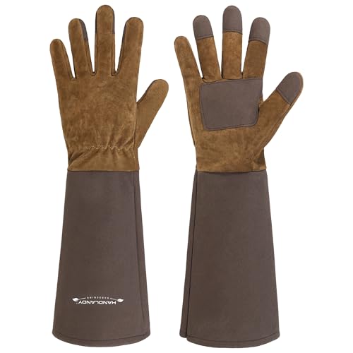 Handlandy Long Gardening Gloves for Men &amp;amp; Women, Cowhide Leather Rose Pruning Gloves- Breathable &amp;amp; Durable Gauntlet Glove (medium, Brown)