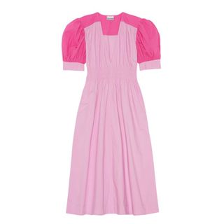 Pink Poplin V-Neck Midi Dress