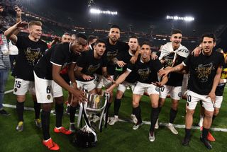 Valencia players celebrate after winning the Copa del Rey in 2019.