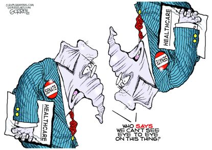 Political cartoon U.S. GOP health care reform Senate vote delay party politics