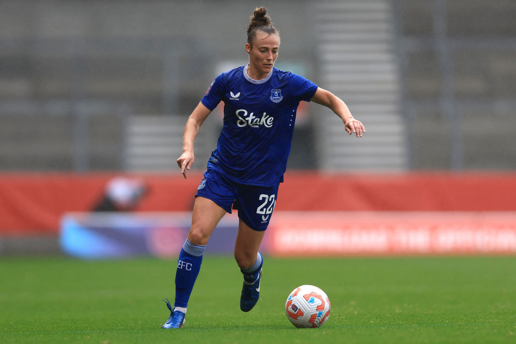 Aurora Galli of Everton runs with the ball during the Women's pre-season friendly match between Liverpool and Everton at Totally Wicked Stadium on September 15, 2024 in St Helens, England.