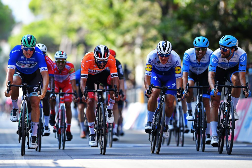 FOLLONICA ITALY SEPTEMBER 08 Sprint Arrival Pascal Ackermann of Germany and Team BoraHansgrohe Blue Leader Jersey Fernando Gaviria Rendon of Colombia and UAE Team Emirates Orange Points Jersey Rick Zabel of Germany and Team Israel StartUp Nation Davide Ballerini of Italy and Team Deceuninck QuickStep during the 55th TirrenoAdriatico 2020 Stage 2 a 201km stage from Camaiore to Follonica TirrenAdriatico on September 08 2020 in Follonica Italy Photo by Justin SetterfieldGetty Images
