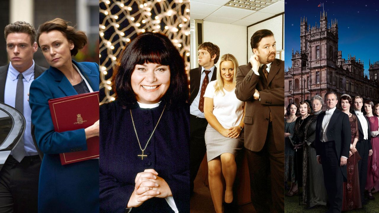 4 pictures of some of the best British TV shows. L-R: Bodyguard, The Vicar of Dibley, The Office and Downton Abbey