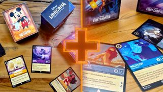 Disney Lorcana cards and deck boxes divided by a GamesRadar+ cross