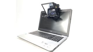 Glide Gear TMP 75, one of the best teleprompters, affixed to a laptop