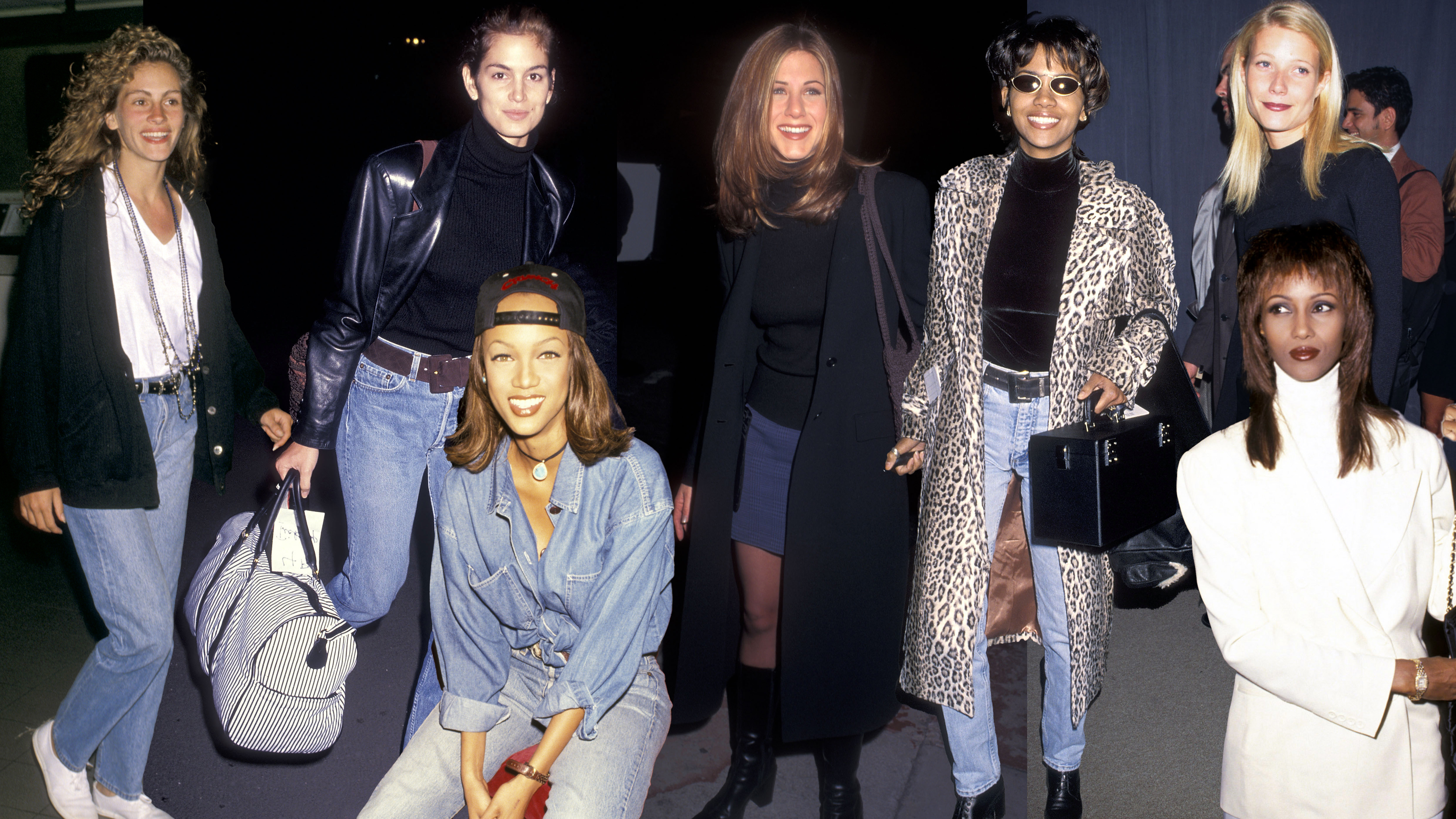 Julia Roberts at LAX 1990 in a straight-leg jean, white t-shirt, and oversized blazer. Cindy Crawford 1991 wears a leather blazer and blue jeans at LAX. Tyra Banks wears double denim and a baseball cap in 1993. Jennifer Aniston wears a long black coat, blue mini skirt, knee-high boots, and a black boatneck top. Halle Berry wears an animal print coat, black turtleneck, and blue jeans at LAX in 1994. Gwyneth Paltrow wears leather pants, black turtleneck, and black boots at a party in the 90s. Iman wears an all white suit and white turtleneck in NYC.