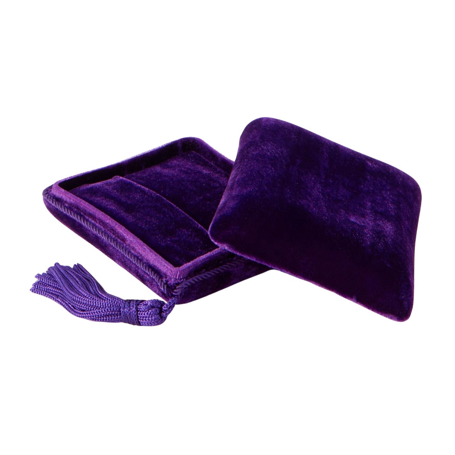 A deep purple tasseled velvet jewelry box