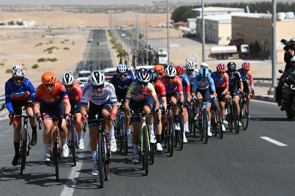AL MIRFAUNITED ARAB EMIRATES FEBRUARY 10 LR Lorena Wiebes of The Netherlands and Team SD Worx and Agnieszka SkalniakSojka of Poland and Team CanyonSRAM Racing lead the breakaway during the 1st UAE Tour Women 2023 Stage 2 a 133km stage from Al Dhafra Castle to Al Mirfa UAETourWomen on February 10 2023 in Al Mirfa United Arab Emirates Photo by Tim de WaeleGetty Images