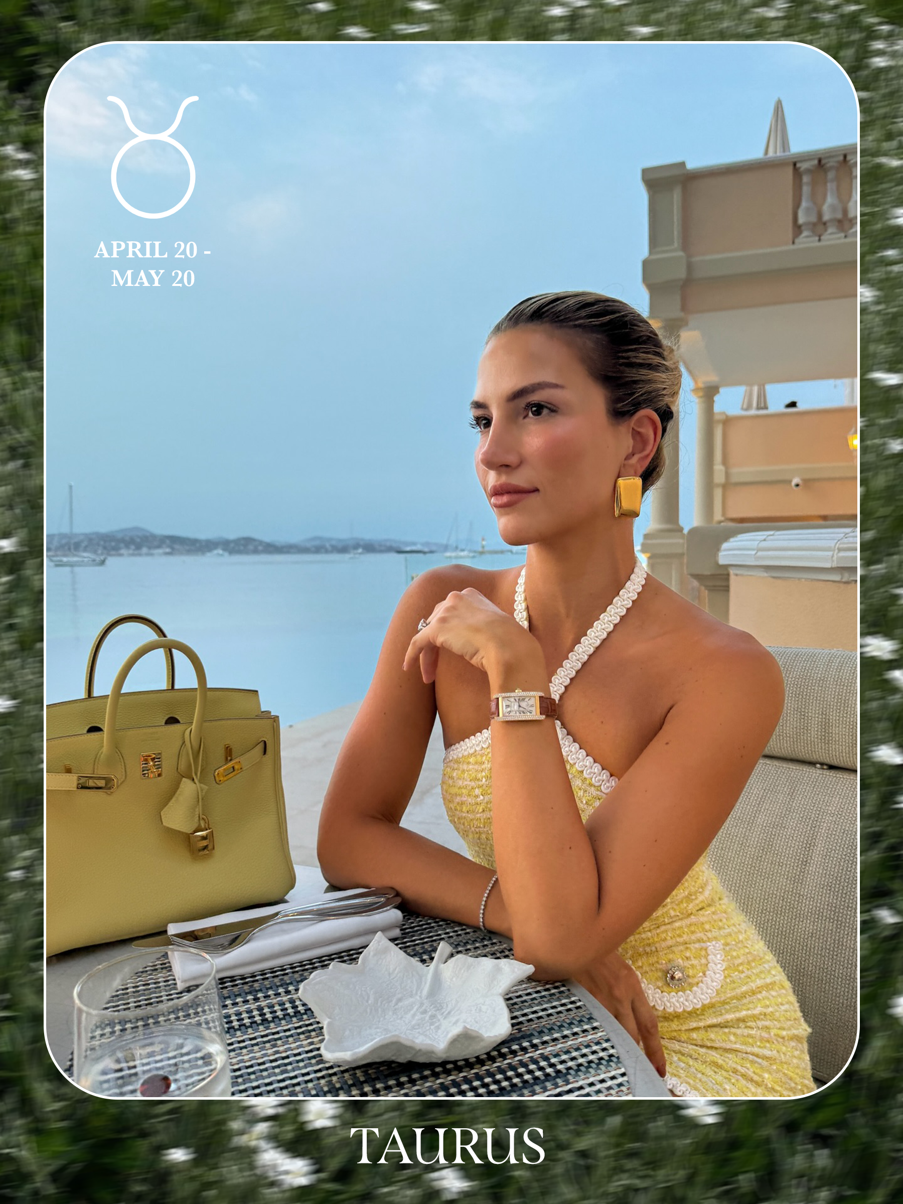 An image of @cassdimicco posing on a beach wearing a yellow tweed dress, showcasing the characteristics of sun sign dressing if you're a Taurus.