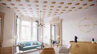 ceiling wallpaper in living room with high ceilings