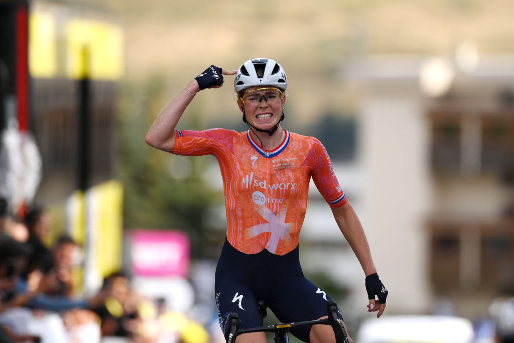 ALPE D'HUEZ, FRANCE - AUGUST 18: Demi Vollering of The Netherlands and Team SD Worx - Protime celebrates at finish line as stage winner during the 3rd Tour de France Femmes 2024, Stage 8 a 149.9km stage from Le Grand-Bornand to Alpe d'Huez 1828m / #UCIWWT / on August 18, 2024 in Alpe d'Huez, France. (Photo by Alex Broadway/Getty Images)