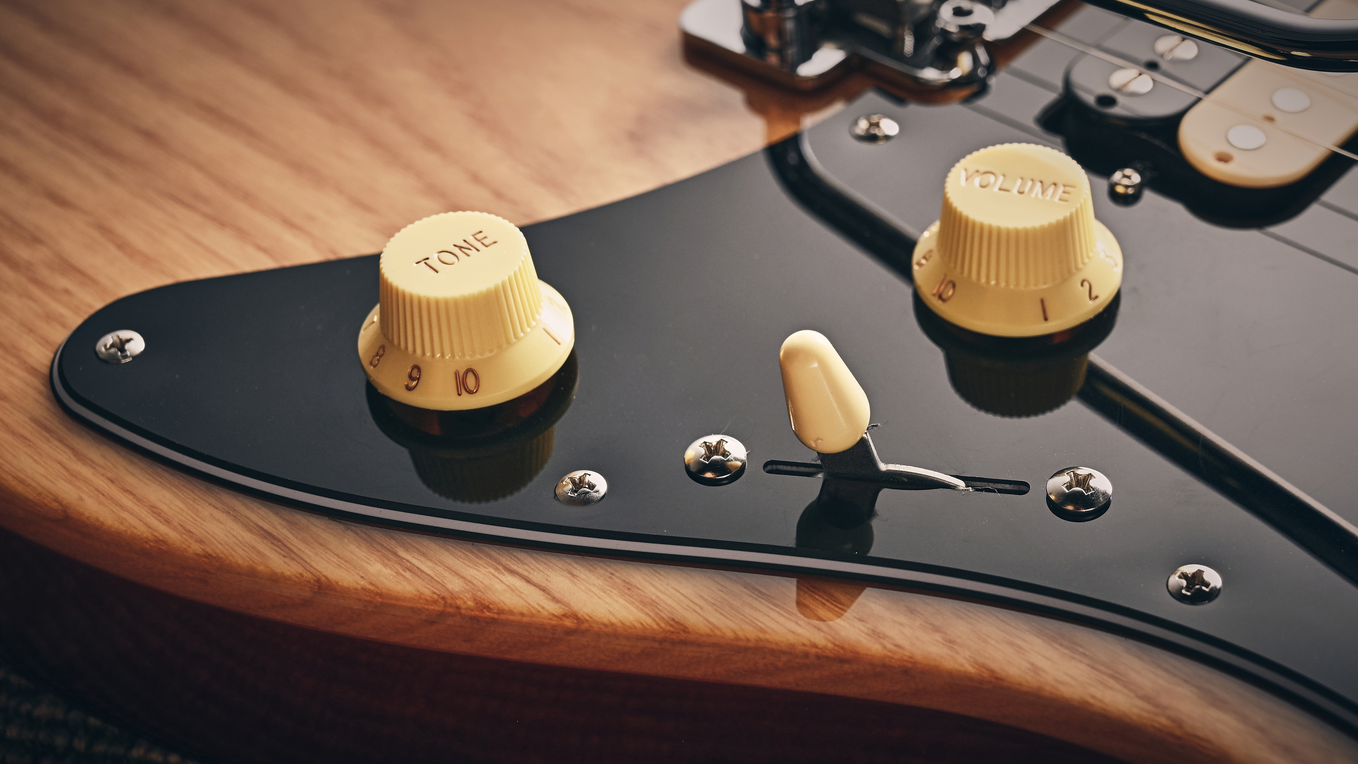 Close up of the knobs and pickup selector on the Sire Larry Carlton S7 Ash Top electric guitar