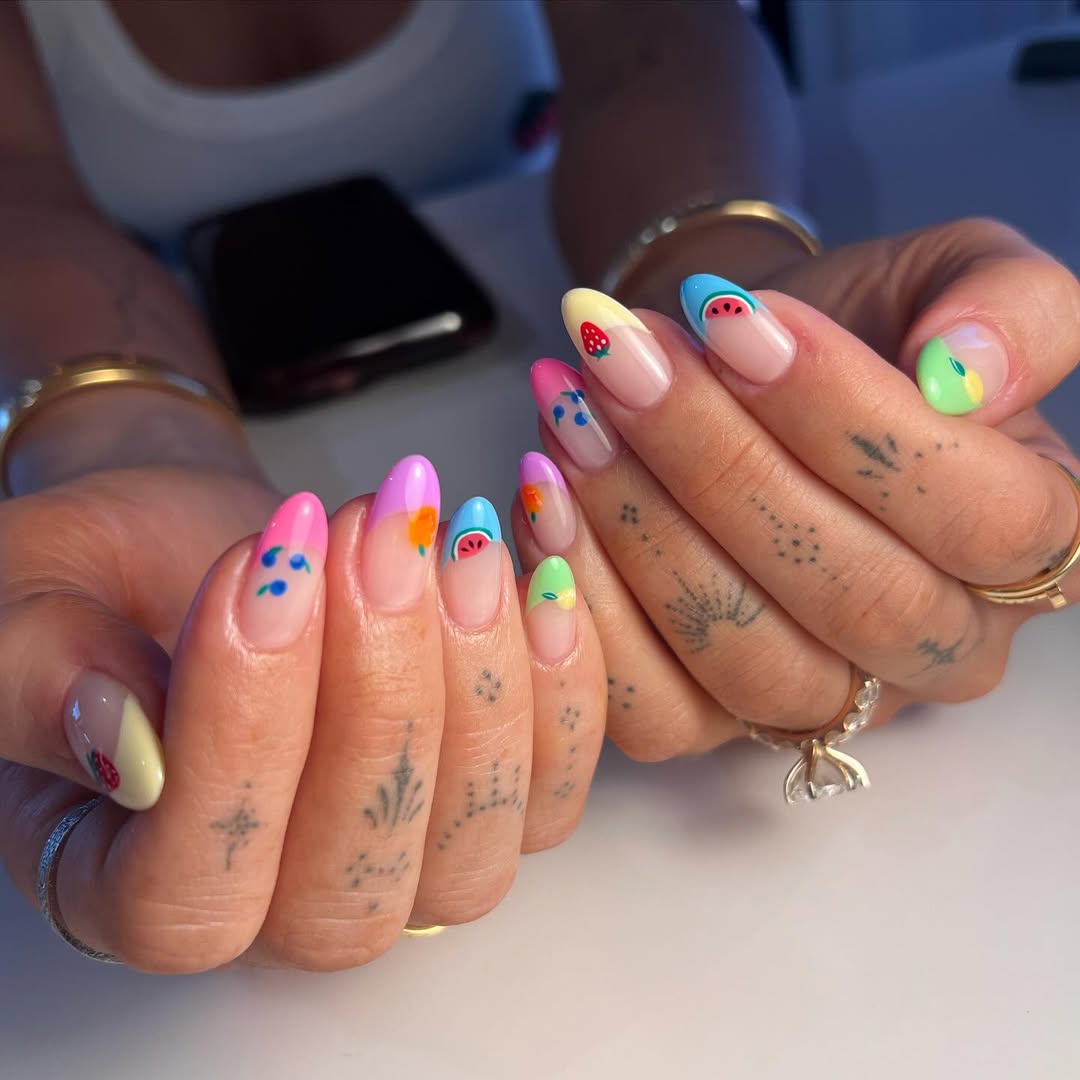 colorful french manicure with fruit designs