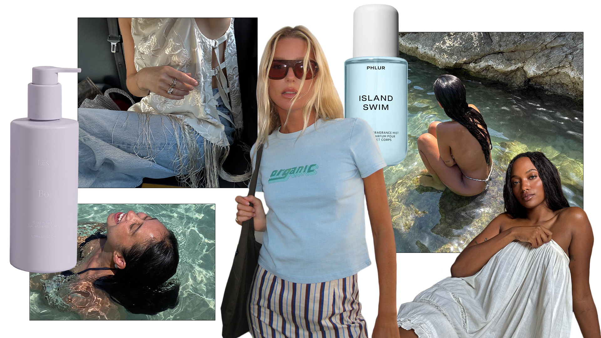 Photo collage of women in the ocean and wearing summer dresses with perfume bottles 