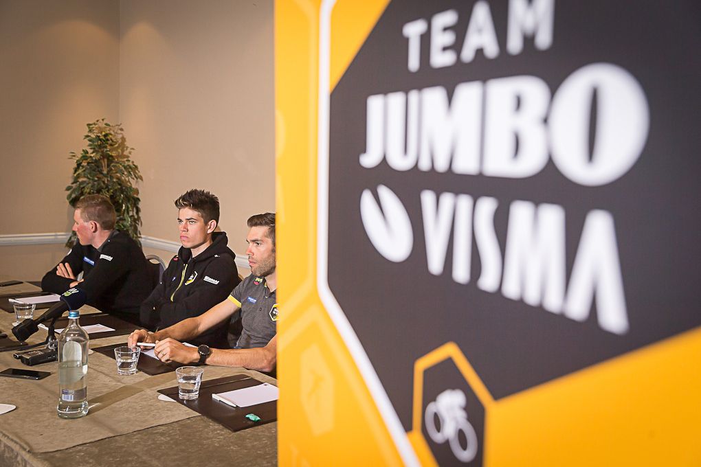 Team Jumbo-Visma riders Mike Teunissen, Wout Van Aert and Maarten Wynants at a press conference in Gent on April 5, 2019