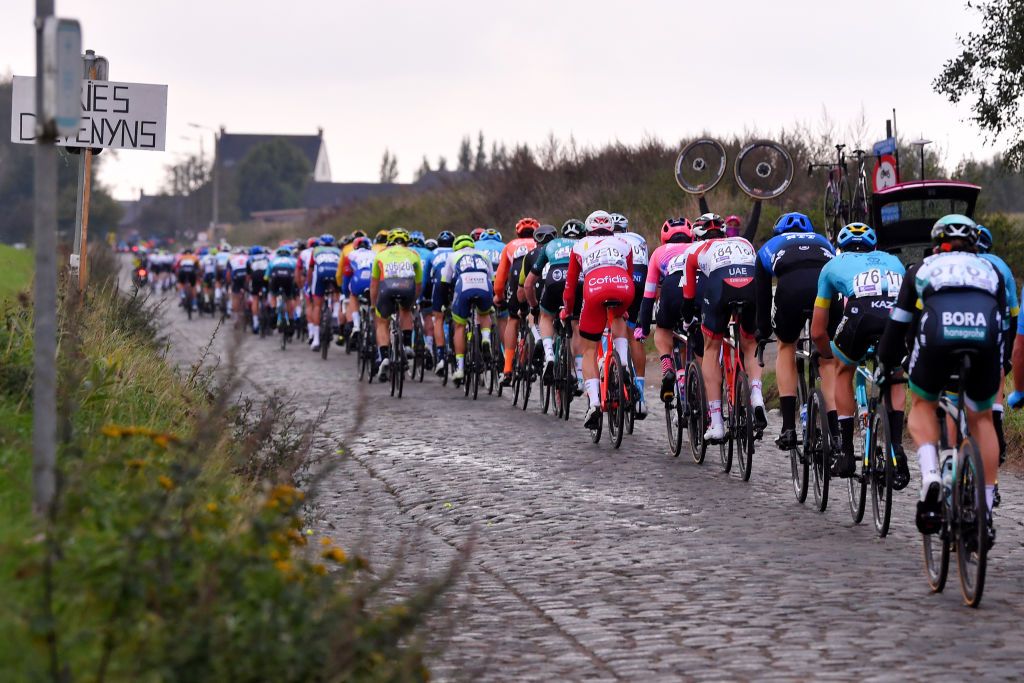 OUDENAARDE BELGIUM OCTOBER 18 Davide Martinelli of Italy and Astana Pro Team Peloton Cobblestones Landscape during the 104th Tour of Flanders 2020 Ronde van Vlaanderen Men Elite a 2433km race from Antwerpen to Oudenaarde RVV20 FlandersClassic on October 18 2020 in Oudenaarde Belgium Photo by Luc ClaessenGetty Images