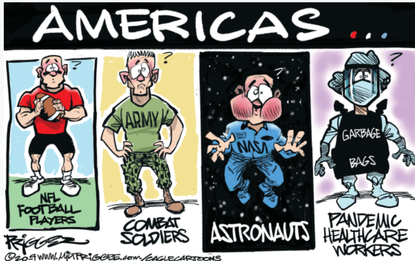 Editorial Cartoon U.S. Americans during pandemic combat soldiers football players healthcare workers
