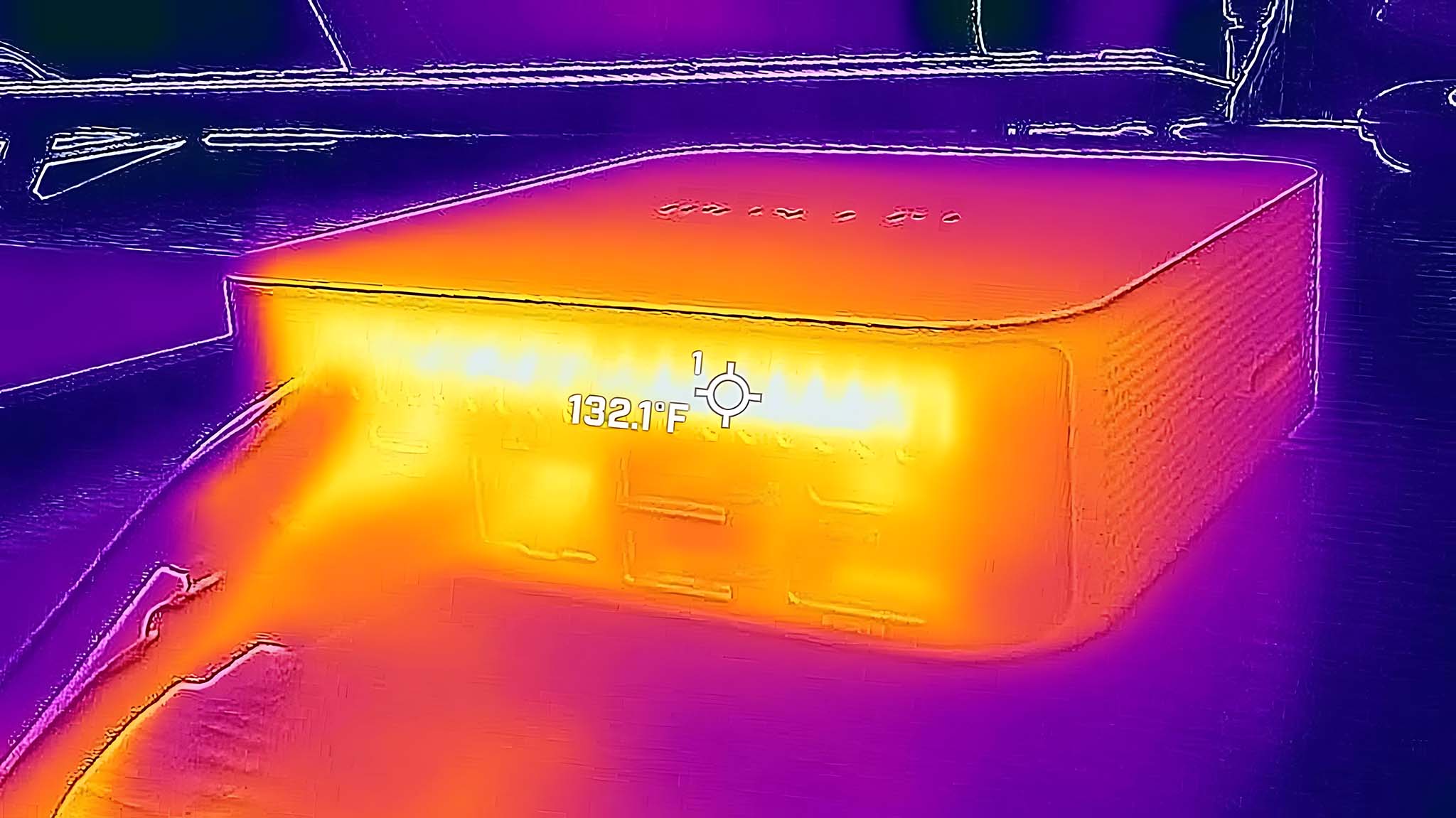 A picture taken with a thermal camera of the Geekom A6's back side. 