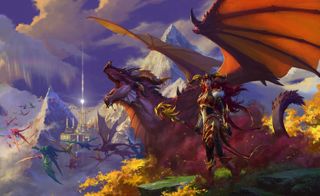 A dragon-y lady with red armor and staff standing in front of a roaring red dragon, with a flock of dragons in the background flying toward a ringed city and tower nestled amidst the mountains