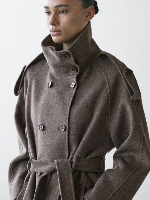 Long Wool Blend Trench Coat With Belt