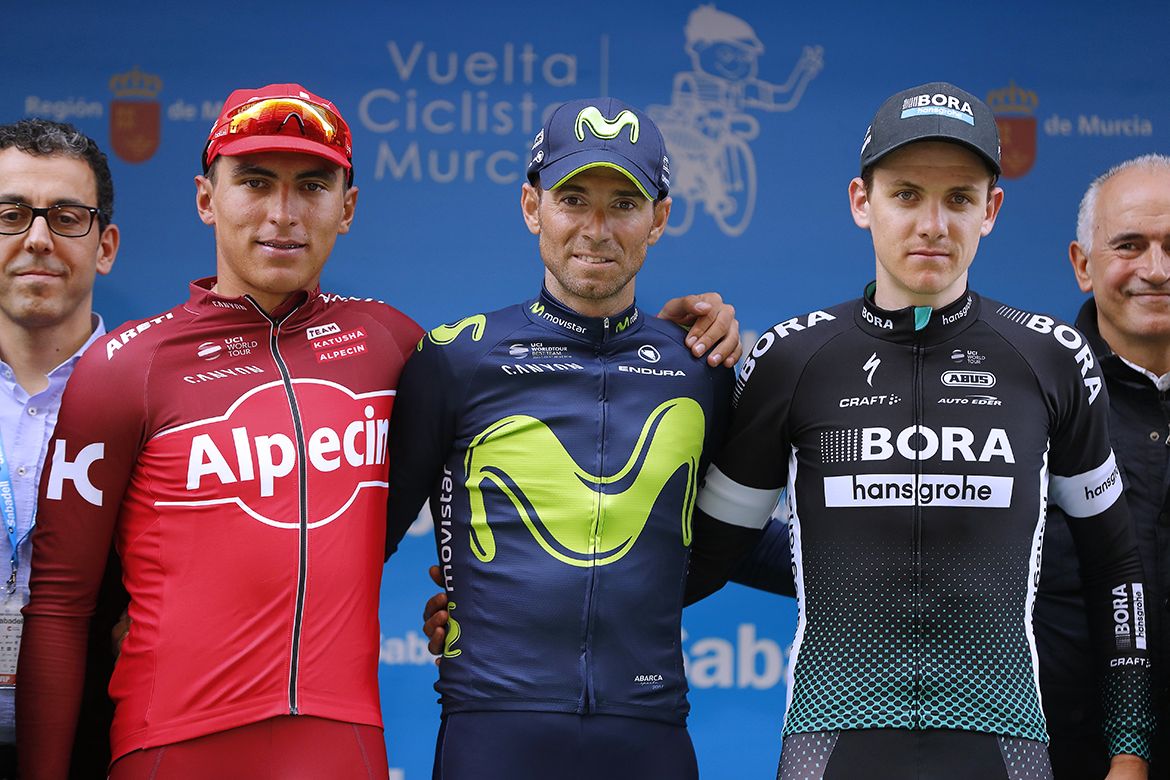 The Vuelta a Murcia podium: Jhonatan Restrepo (Katusha-Alpecin), Alejandro Valverde (Movistar) and Patrick Konrad (Bora-hansgrohe)