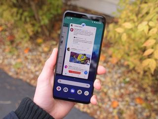 Pixel 4 XL with display on and showing the multitasking menu