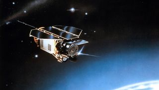 Artist's impression of the ROSAT satellite in space.