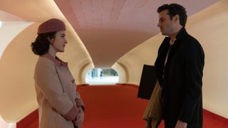 Midge and Lenny in a long hallway together in The Marvelous Mrs. Maisel season 5
