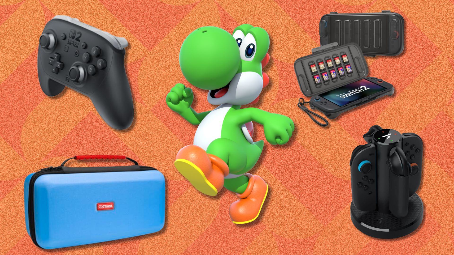 A selection of Nintendo Switch 2 accessories surrounding the character Yoshi