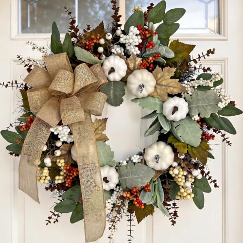 Ekird 24 Inch Neutral Fall Wreath for Front Door With White Pumpkins &amp;amp; Bow