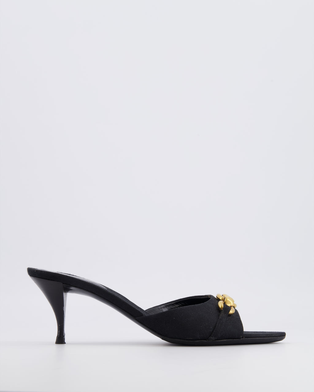 Saint Laurent Black Canvas Logo Printed Le Maillon Heeled Mules With Gold Chain Detail Size Eu 39.5 Rrp &pound;900