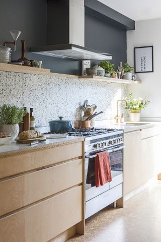 Kitchen with black walls down to open shelving, then terrazzo splashback leading to plywood kitchen units with white worktop