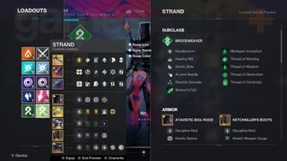 Destiny 2 Class guide Warlock subclass loadouts screen looking at Strand loadout
