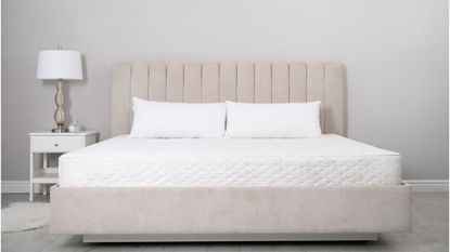 Mattress on neutral bed frame with bedside tables and pillows 