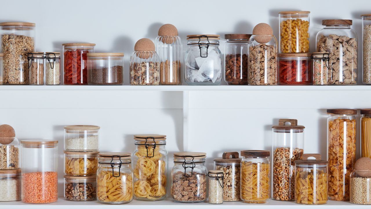 Pantry shelves with clear food containers