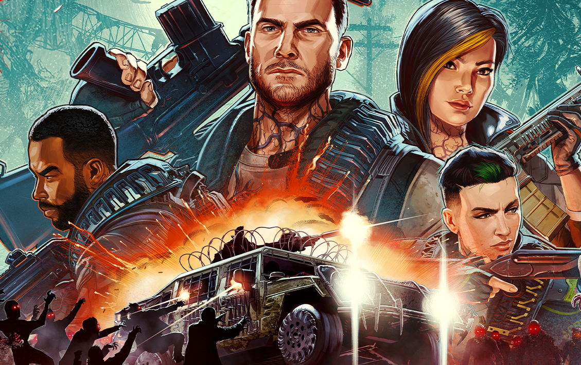 Comic book illustration of characters shooting guns, fighting zombies