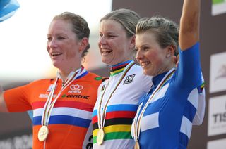 2016 World Championships podium (L-R): Kirsten Wild (Netherlands), Amalie Dideriksen (Denmark), Lotta Lepisto (Finland)
