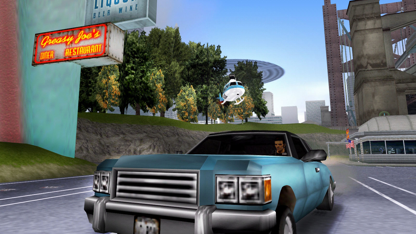 Grand Theft Auto III-Screenshot eines Autos und eines Hubschraubers