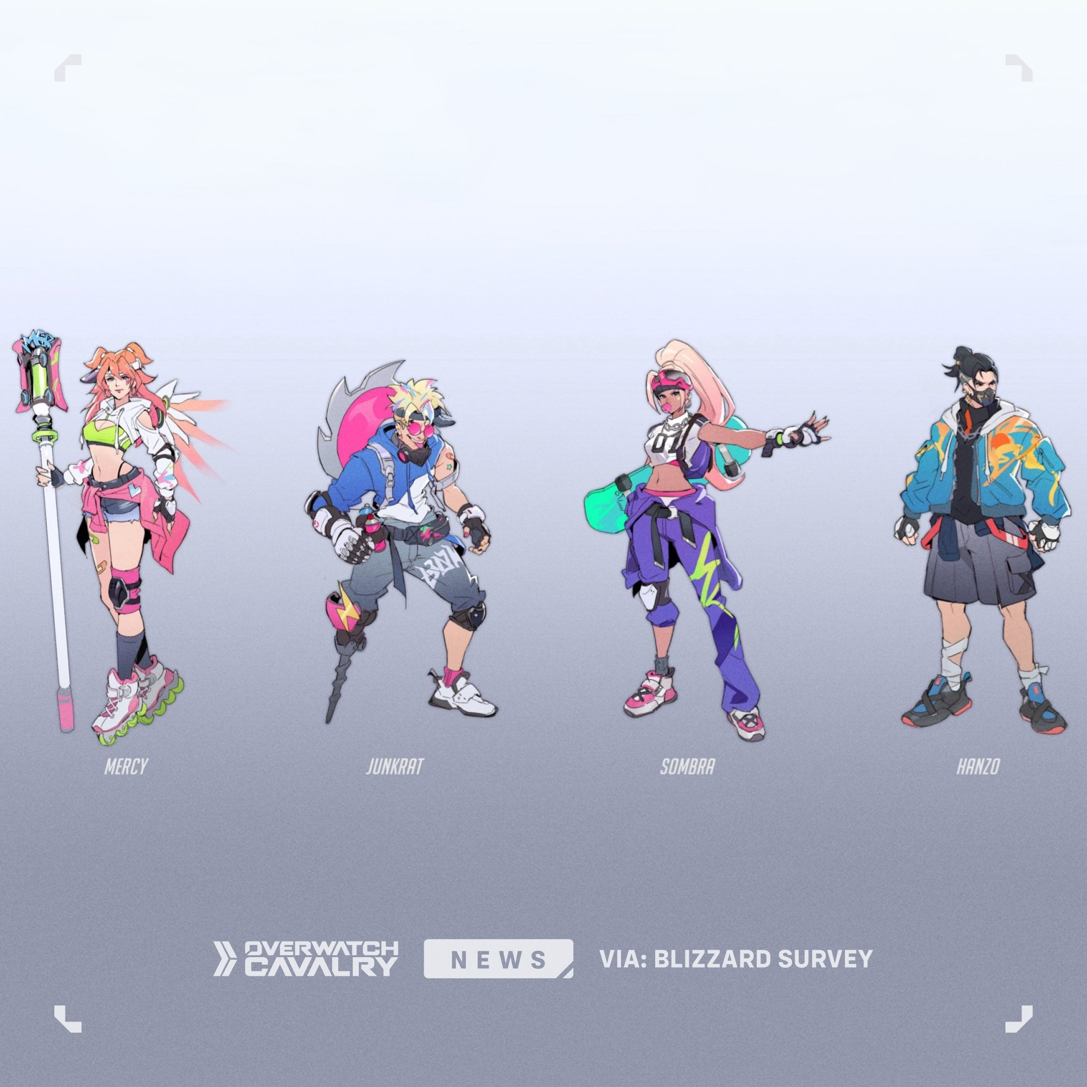 Overwatch survey skins: The Street Rollers concept theme, showing sketches of various potential skins.