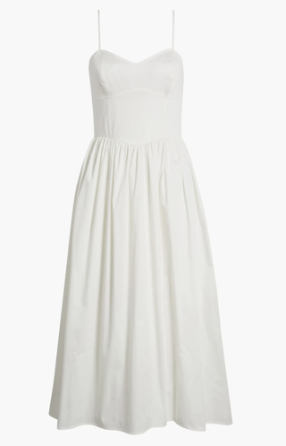 a white sweetheart neckline dress from french connection in front of a plain backdrop