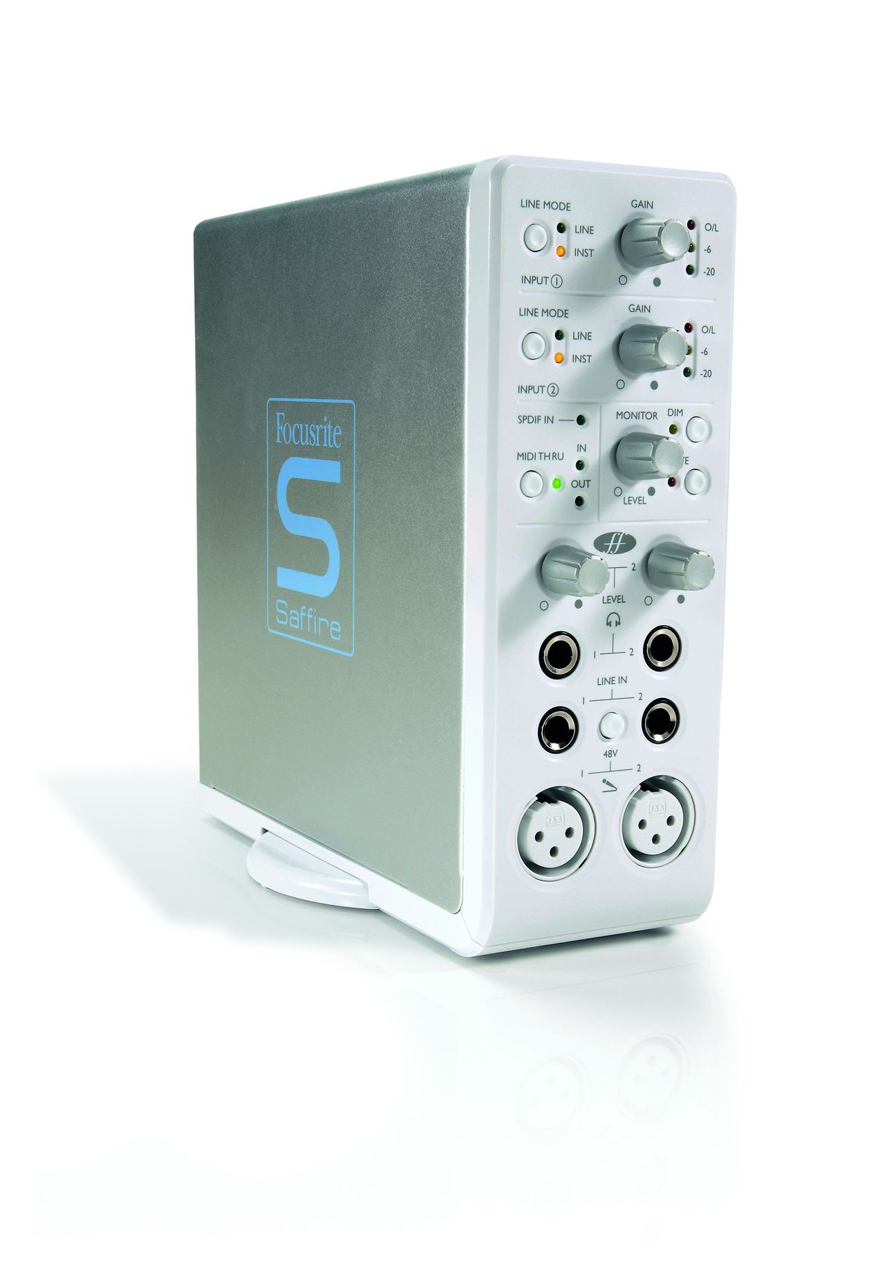 The Saffire stands vertically and is ideal for desktop use.