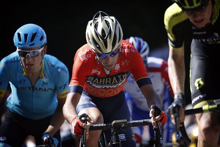 Vincenzo Nibali (Bahrain Merida) on the attack at Fleche Wallonne