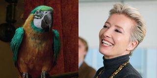 Poly, a parrot, left, is voiced by Emma Thompson, right, in Dolittle