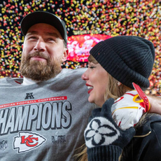 Kansas City Chiefs tight end Travis Kelce (87) and Taylor Swift walk off the field after the trophy ceremony following the Chiefs' 32-29 victory over the Buffalo Bills in the AFC Championship Game on Sunday, Jan. 26, 2025, at GEHA Field at Arrowhead Stadium