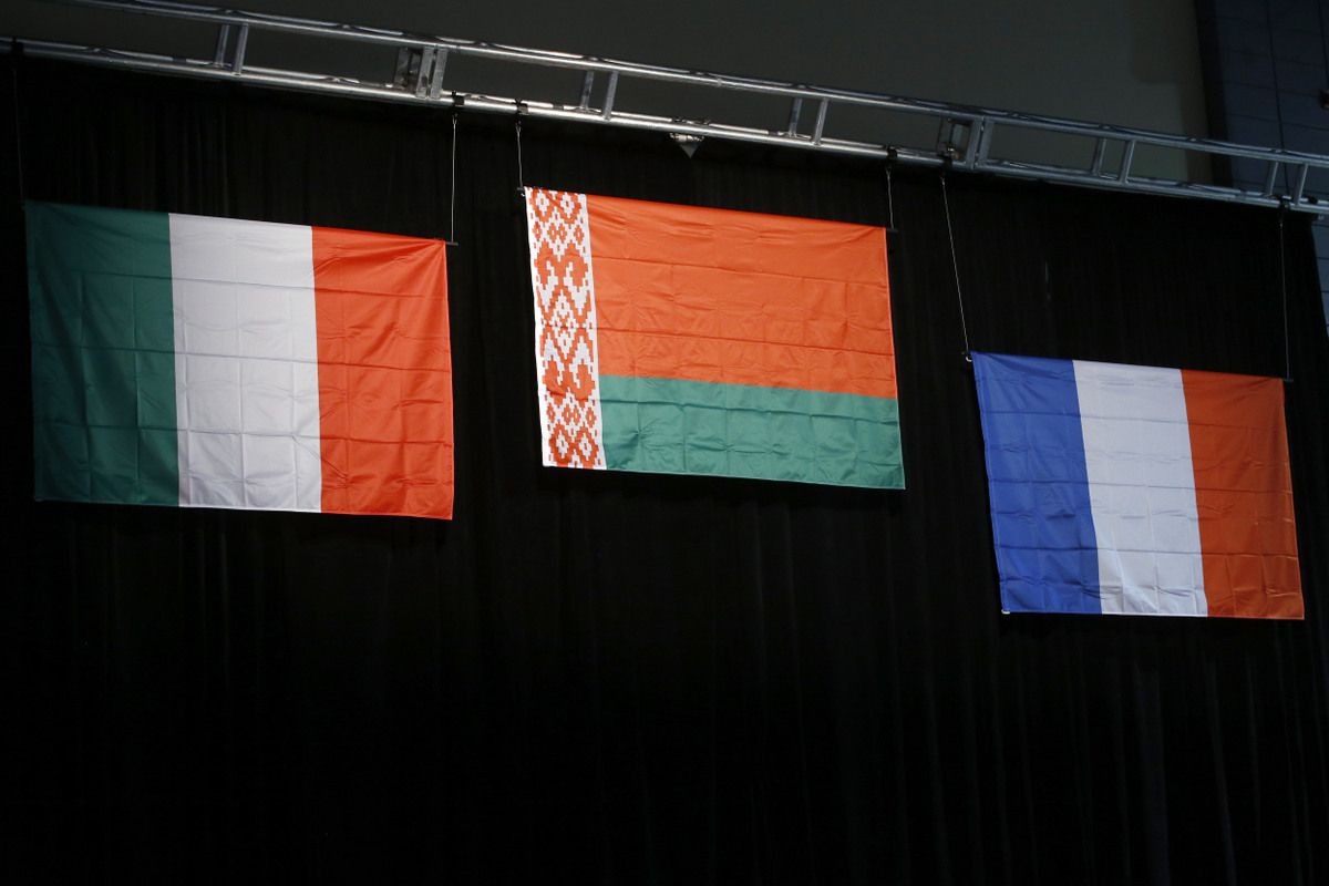 The flags of the podium finishes
