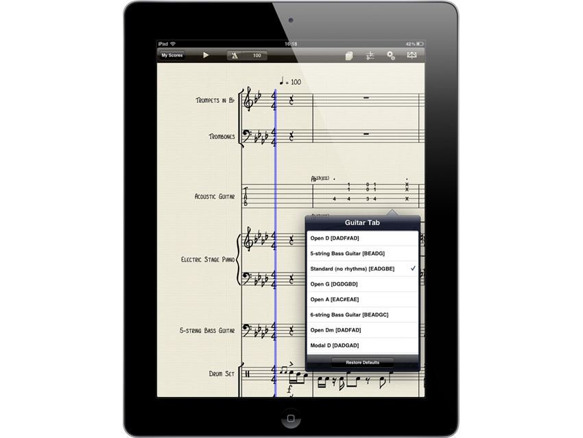 Parts in Scorch scores can easily be converted to guitar tab.