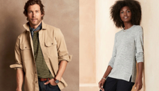 A man and a woman wearing selected items of clothing available from Banana Republic Factory.